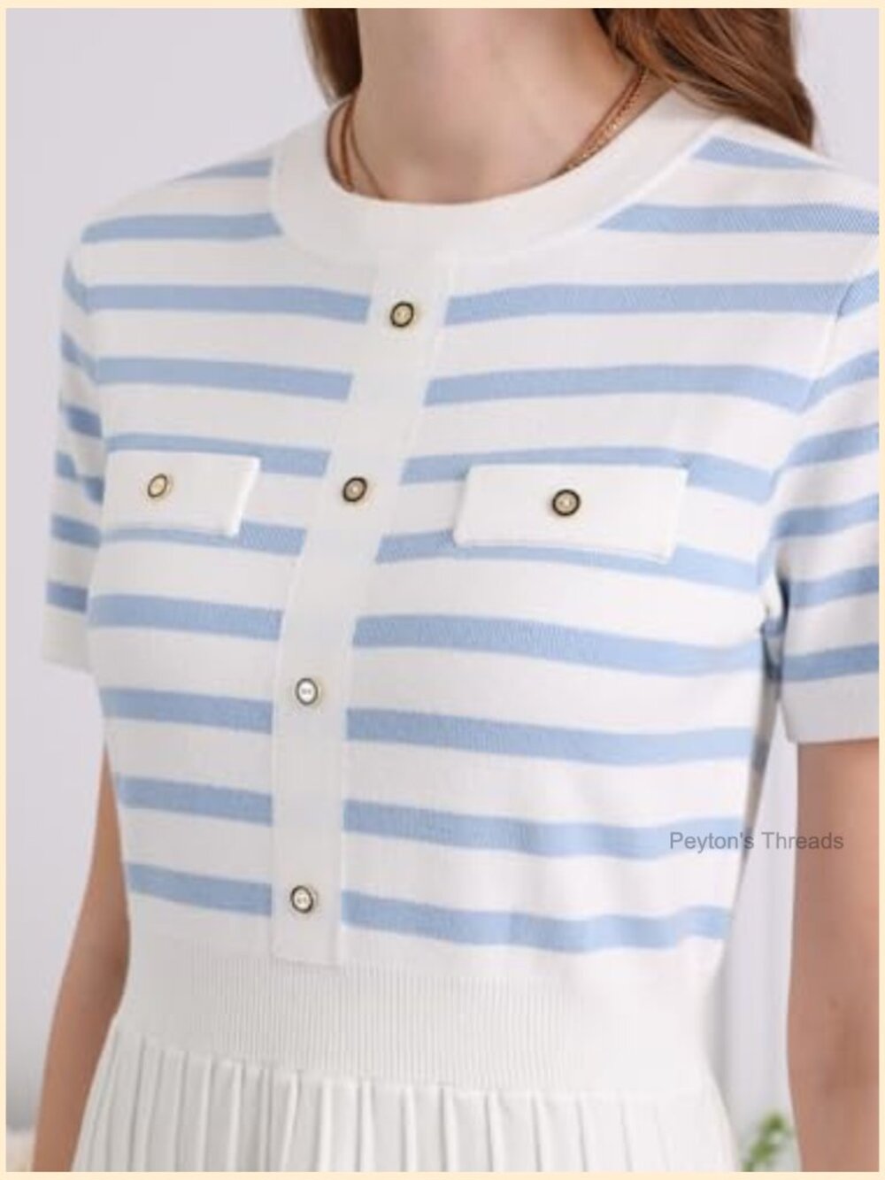 Striped Pleated A-Line Knit Sweater Dress Short Sleeve Midi Casual - Picture 4 of 6
